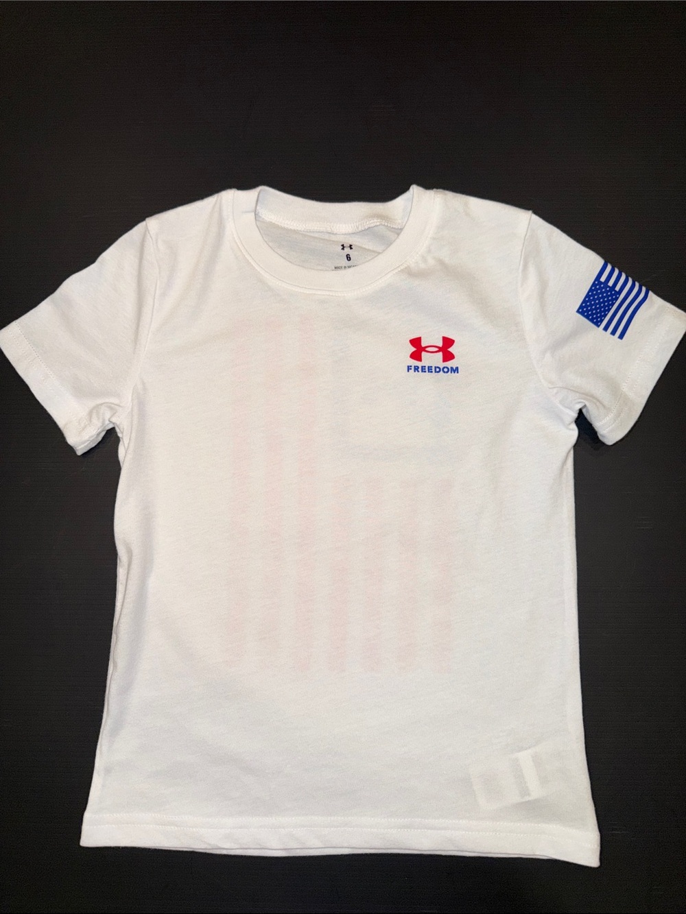 Under Armour White Short-Sleeve Tee with Red Logo and Blue Flag